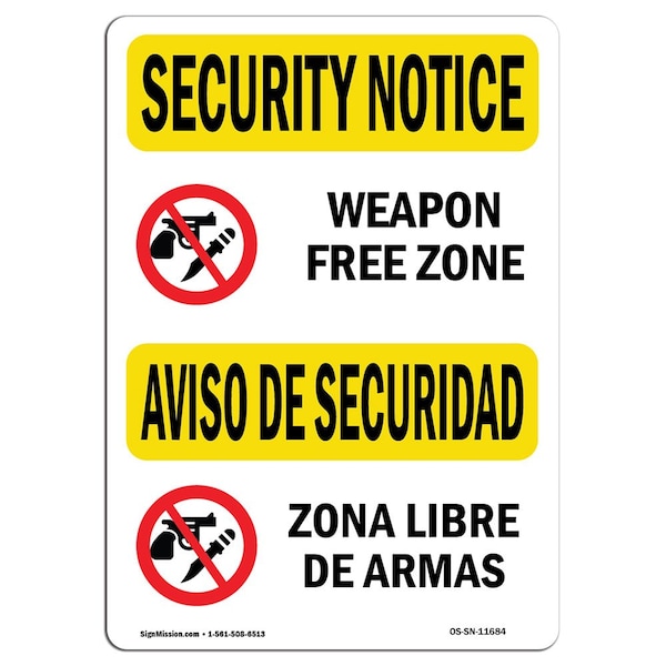 OSHA Security Sign, 3.5" Height, 5" Width, Weapon Free Zone Bilingual, Landscape, 10PK